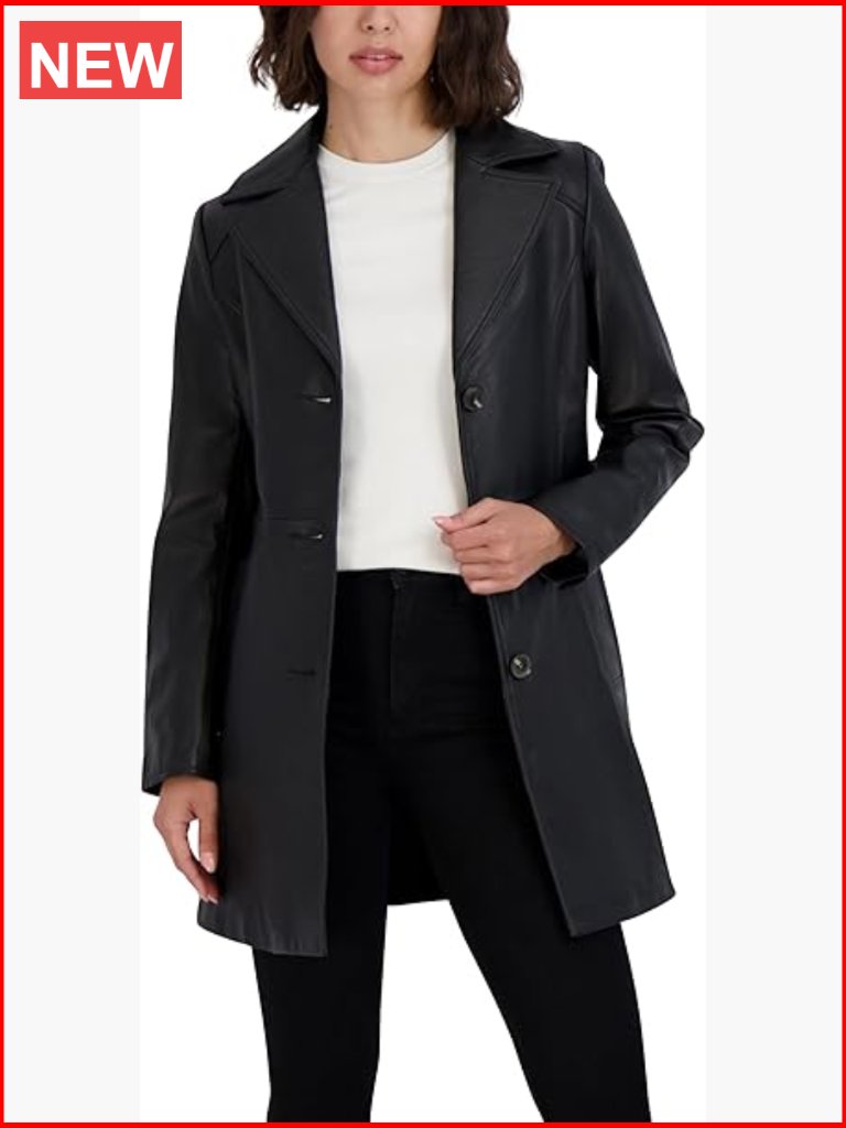 Genuine Lambskin Leather Trench Coat, Notch Collar, Button Closure, Tie Belt